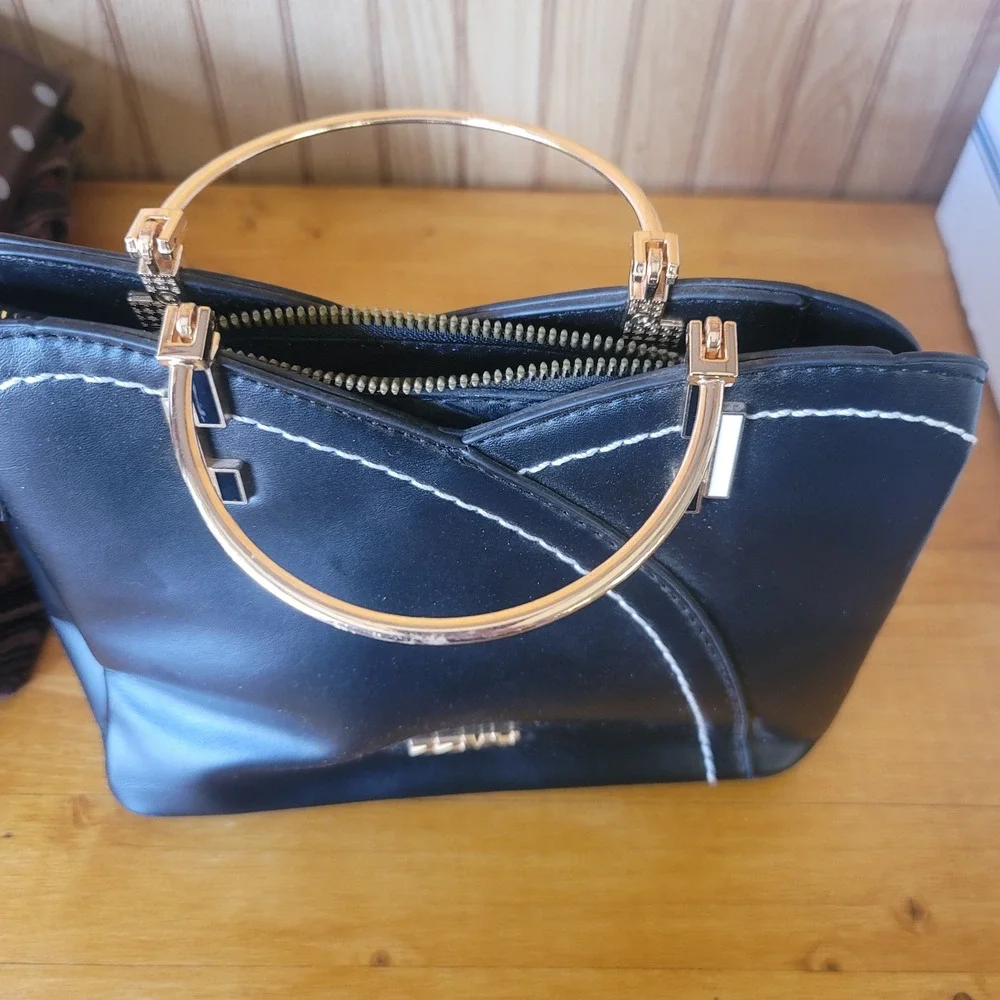 ZZMY Black Top Handle Bag Gold Accent Modern‎ Satchel Crossbody Handbag Women